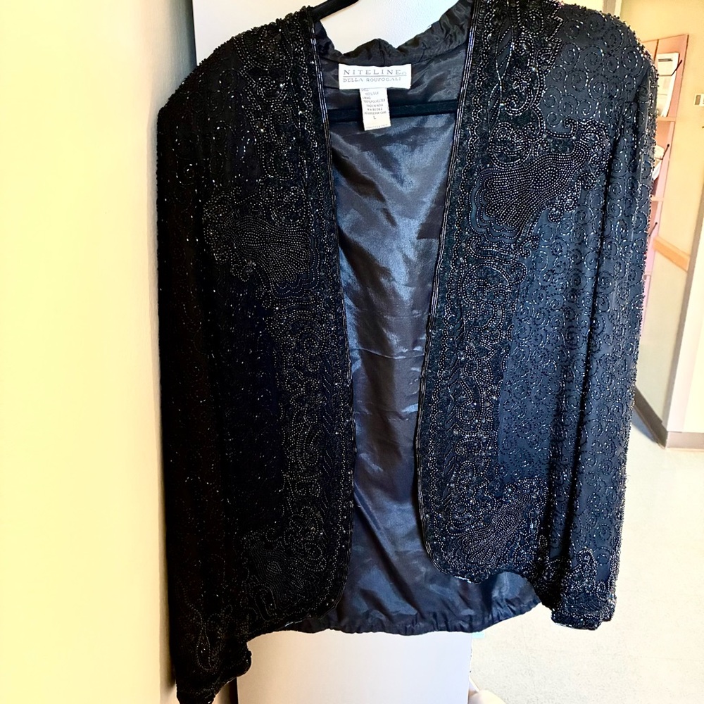 VTG Niteline Della Roufogali Black Silk Beaded Jacket L Sparkle Evening Glam‎